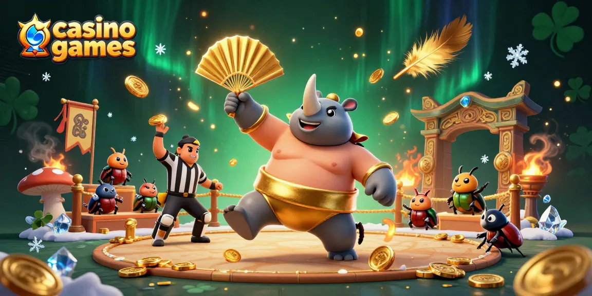 Engage with thrilling casino games featuring a sumo champion beetle amidst gold coins and vibrant elements.