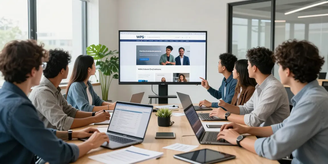Team collaborating in an office showcasing the WPS Official Website features.