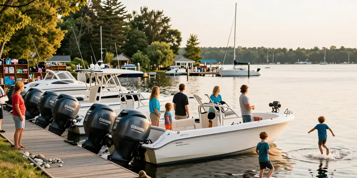 Yamaha dealer family team servicing boats at a vibrant marina on Kawagama Lake.