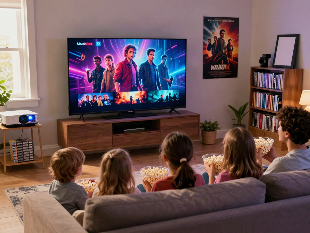 Family enjoying a MovieBox movie night together in a cozy living room with a TV.