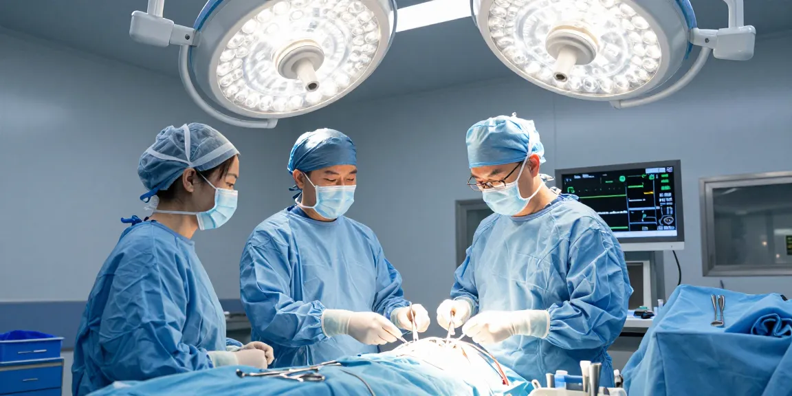 Surgical instruments arranged on a sterile table in a modern operating room during surgery
