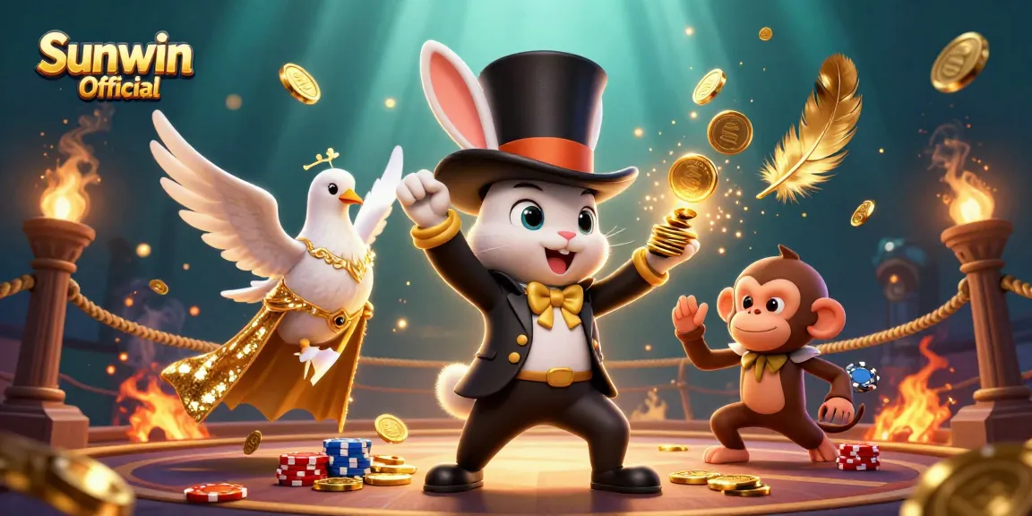 Experience the magic of Sunwin Official as the cartoon magician rabbit dazzles with golden coins amidst vibrant casino elements.