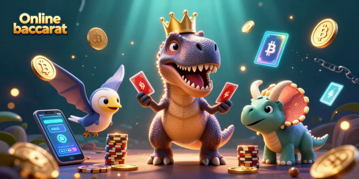 Engage in online baccarat with a friendly T-Rex, pterodactyl, and triceratops amidst dynamic crypto elements.