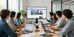 Team collaborating in an office showcasing the WPS Official Website features.